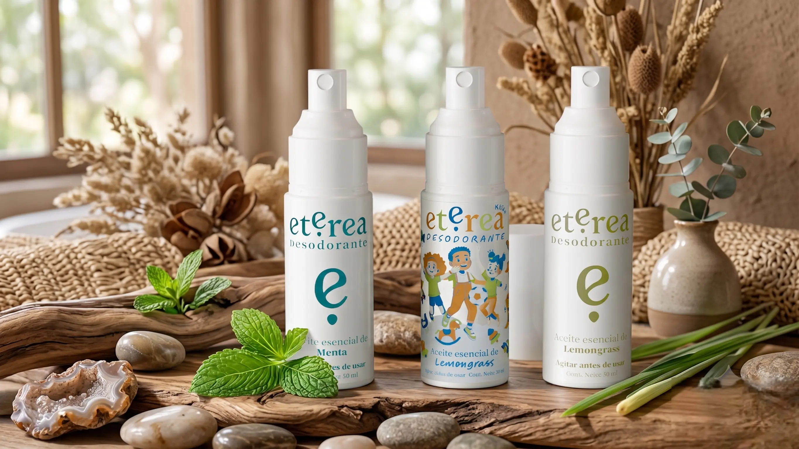 Tres aromas del Desodorante Eterea sobra una mesa en una casa natural.